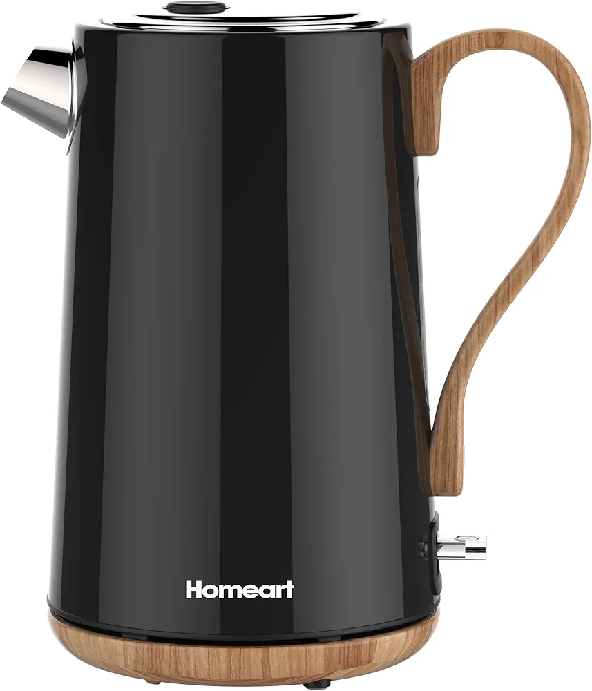 Panda Cordless Electric Kettle with Wood Detail - Stainless Steel With Removable Filter, Fast Boiling and Auto Shut-off - 1.7L Capacity, Black
