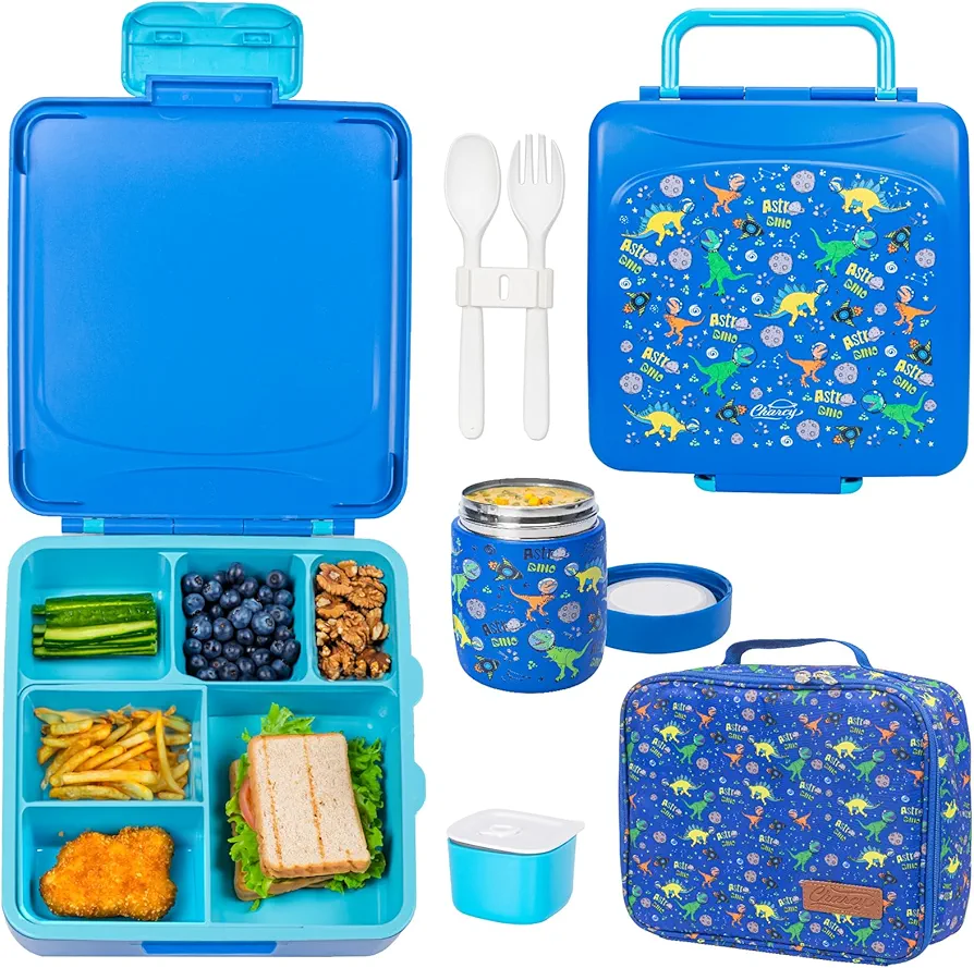 Charcy Bento Lunch Box for Kids With 8oz Soup Thermo,Leak-proof Lunch Containers with 4 Compartment, Thermo Food Jar and Lunch Bag, Food Containers - Blue Dino TK