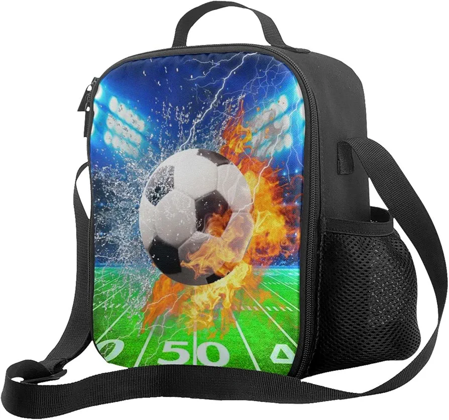 Soccer Unisex Lunch Bag, 10.5 x 8 x 4.5 in, Oxford Cloth with EVA Lining, Adjustable Shoulder Strap, Mesh Pocket, Lightweight, Reusable, Waterproof