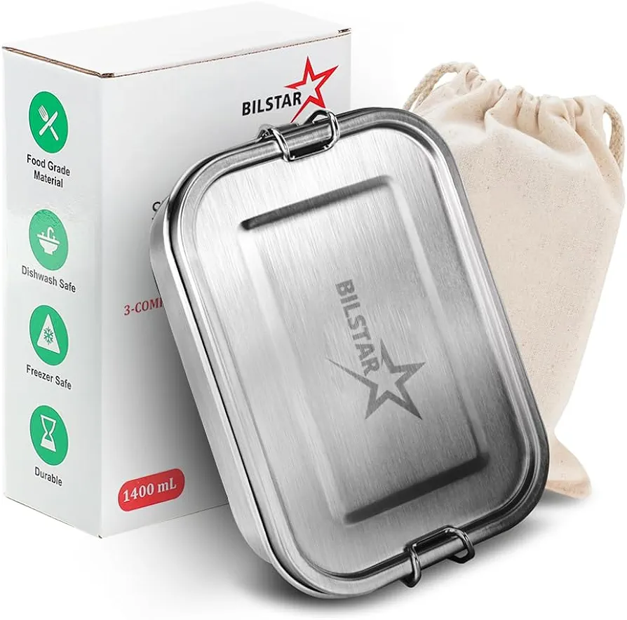 Small Stainless Steel Bento Box, Steel Lunch Box with 3 Compartments, Leak-Proof Food Containers, Metal Lunchbox for Work, Eco-Friendly Lunch Box, Leak Proof Lunch Box (Large (47 Oz))
