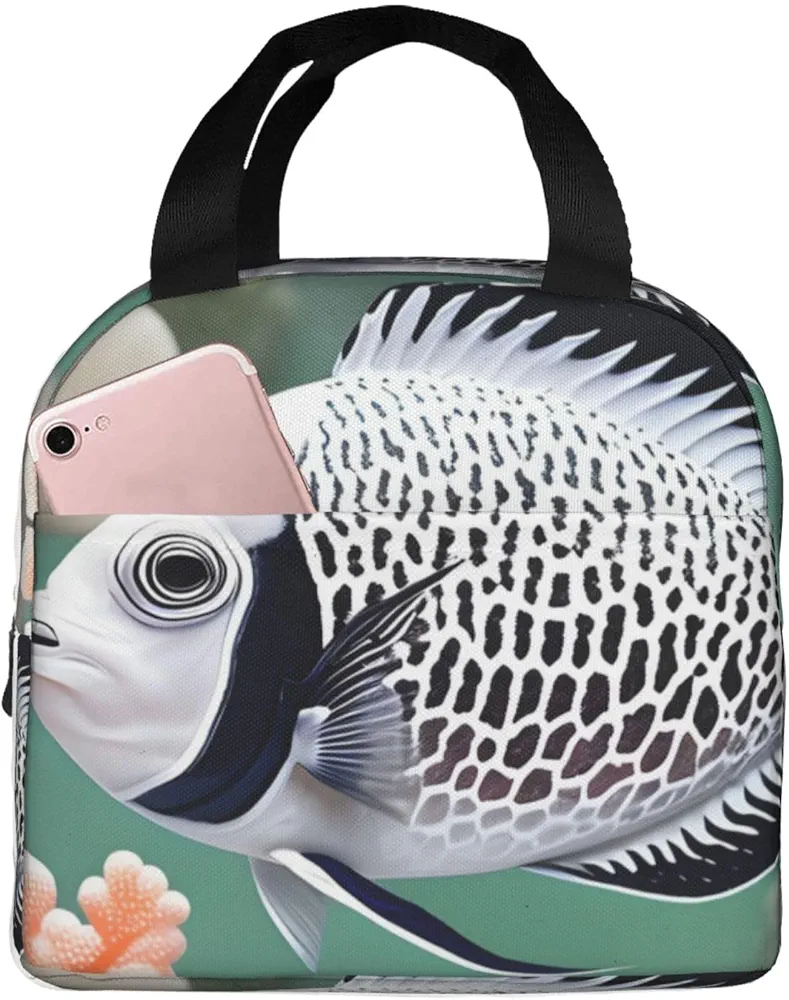White Tropical Fish Cute lunch bag large capacity insulated bento lunch box Cooling Totefor women Work, Travel, Outdoor