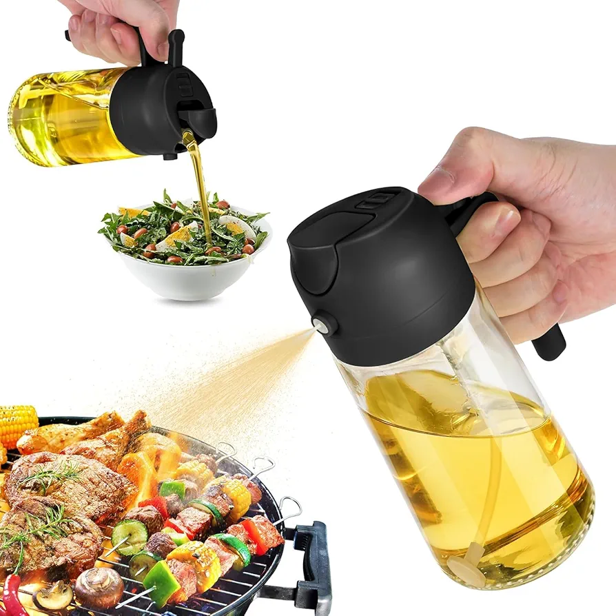 2 in 1 Glass Oil Sprayer & Dispenser, Oil Dispenser for Kitchen Spray, 16oz Glass Oil Spray Bottle with Pourer, Food-grade Oil Dispenser & Sprayer for Kitchen, Salad, Frying (Black)