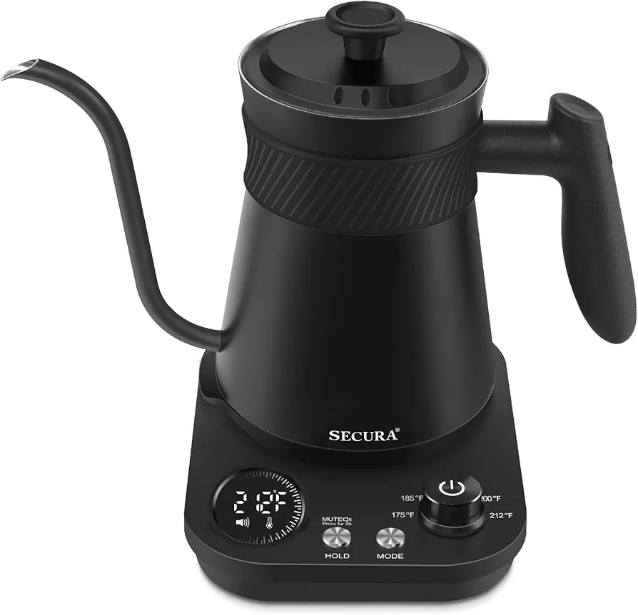 Secura Electric Gooseneck Kettle, 5 Variable Presets for Coffee Tea Brewing, 100% Stainless Steel Inner Tea/Coffee Kettle with 1.5H Keep Warm, 1200 Watt Quick Heating Tea Pot, 0.8L, Matt Black