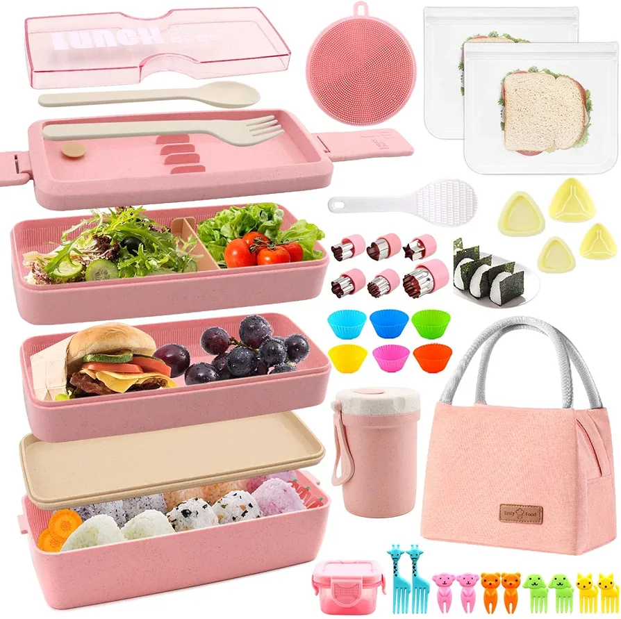 35Pcs Bento Box Japanese Lunch Box Kit Leakproof Bento Lunch Box for Kids Adults Wheat Straw 3 Layer Stackable Lunch Containers with Compartment Eco-Friendly Meal Prep Containers (Pink)