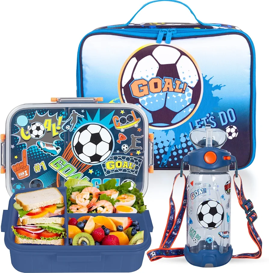 Kids Bento Lunch Box Set with 1200 ml Leak-Proof Lunch Containers with 3 Compartments, 22oz BPA-Free Water Bottle, Insulated Lunch Bag for School Kids Girls Boys