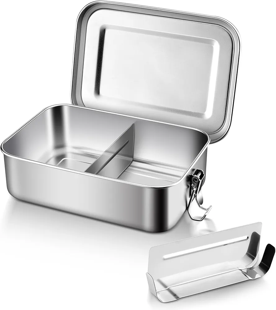 E-far Stainless Steel Bento Box, Large 1400ml Metal Bento Lunch Box Container, 49oz Leak-Proof Lunch Container with Lids and 2 Removable Dividers, Reusable Meal Storage for Camping Picnic Travel Work