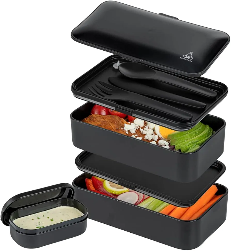 Restaurantware Bento Tek 40.5 Ounces Stackable Lunch Box 1 Reusable Adult Lunch Container - With Utensils Included Sauce Cup Black Plastic Layered Lunch Box Microwavable Dishwashable