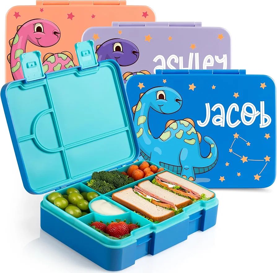 Personalized Bento Box for Kids with Dinosaur Theme and Name, 5 Compartments Drop-Proof Bento Box, Dishwasher Safe, Made with BPA-Free Materials, Bento Lunch Box for Kids and Toddlers