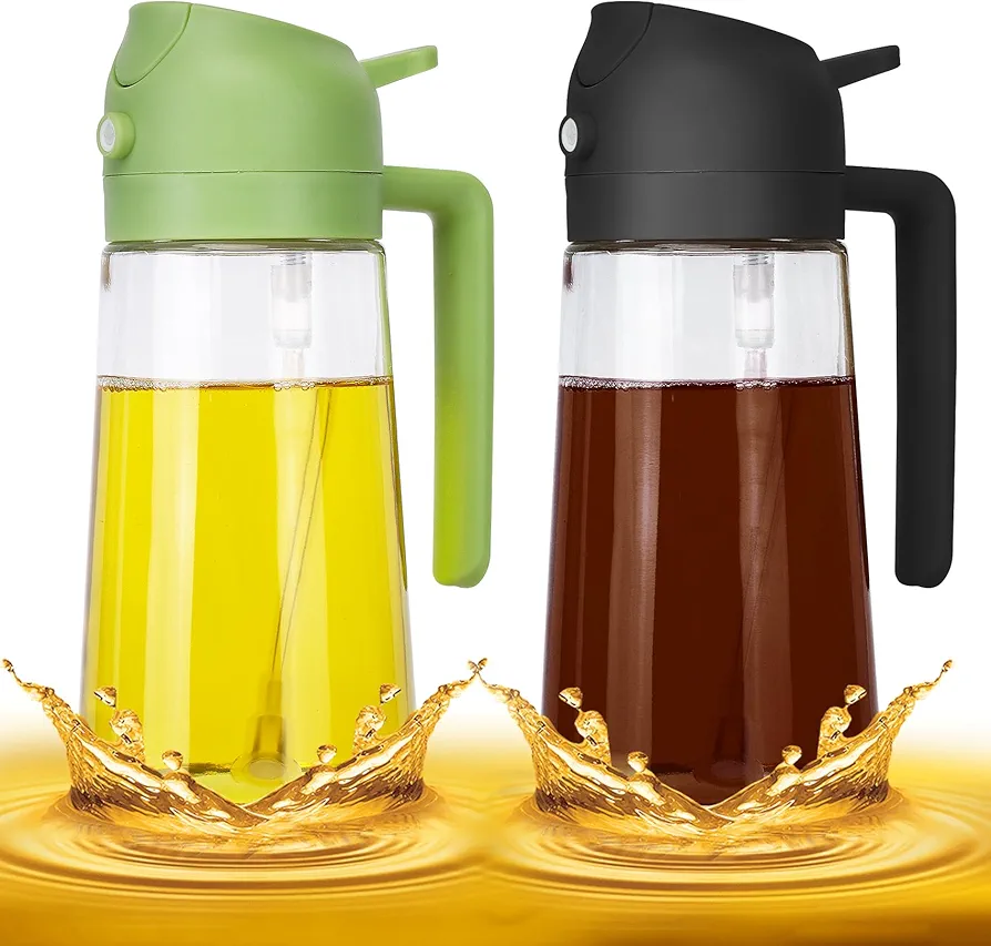 CJT 2 Pack Oil Dispenser Bottle for Kitchen, 2 in 1 Olive Oil Sprayer and Oil Dispenser, 16.5OZ/470ML Glass Oil Spray Bottle with Premium Nozzle for Cooking,BBQ, Air Fryer,Salad,Baking(Green & Black)