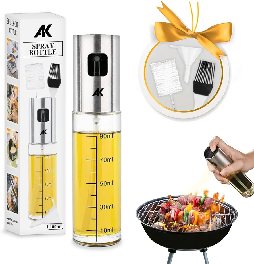 Oil Sprayer for Cooking - 100 ml Glass Sprayer, Brush, Funnel and Cleaning Brush(GIFT) - Multipurpose Use -AirFryer, Salad, BBQ, Baking, Roasting, Lemon Juice