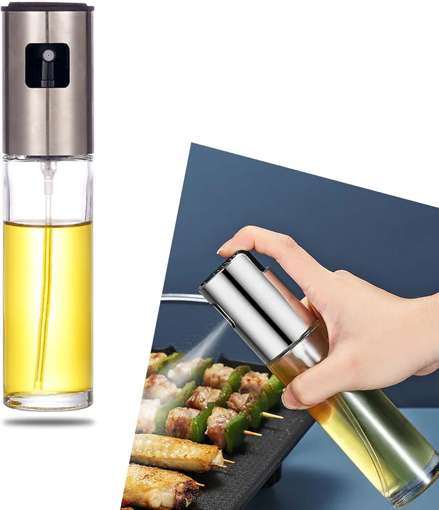 Olive Oil Sprayer,Oil Sprayer for Cooking,100ml Oil Spray Bottle for Cooking Baking,BBQ, Roast, Steak, Salad, Cold Dishes, Etc (Silvery 3.4oz)