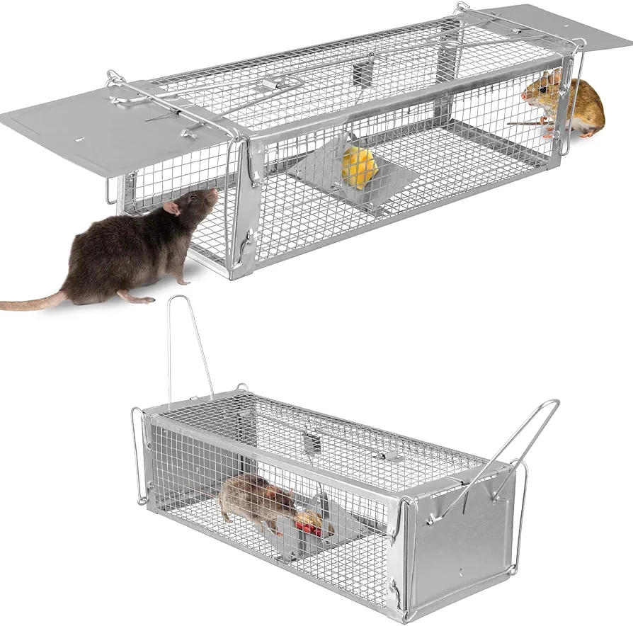 Moclever Humane Rat Trap Cage Dual Door Live Rat Traps Humane Live Rodent Dense Mesh Trap Cage Zinc Electroplating Mice Mouse Control Bait Catch with 2 Detachable U Shaped Rod for Small Animals
