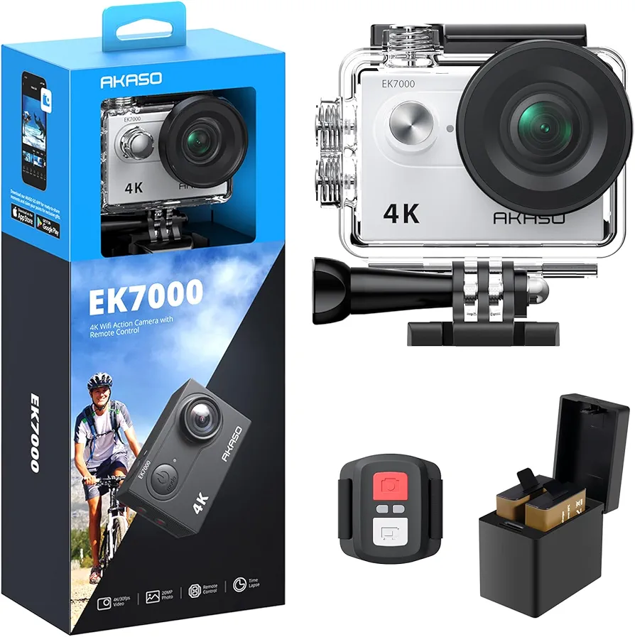 AKASO EK7000 4K30FPS 20MP WiFi Action Camera with EIS Ultra HD Underwater Camera 131FT Waterproof Camera Remote Control 4X Zoom Support External Microphone Silver