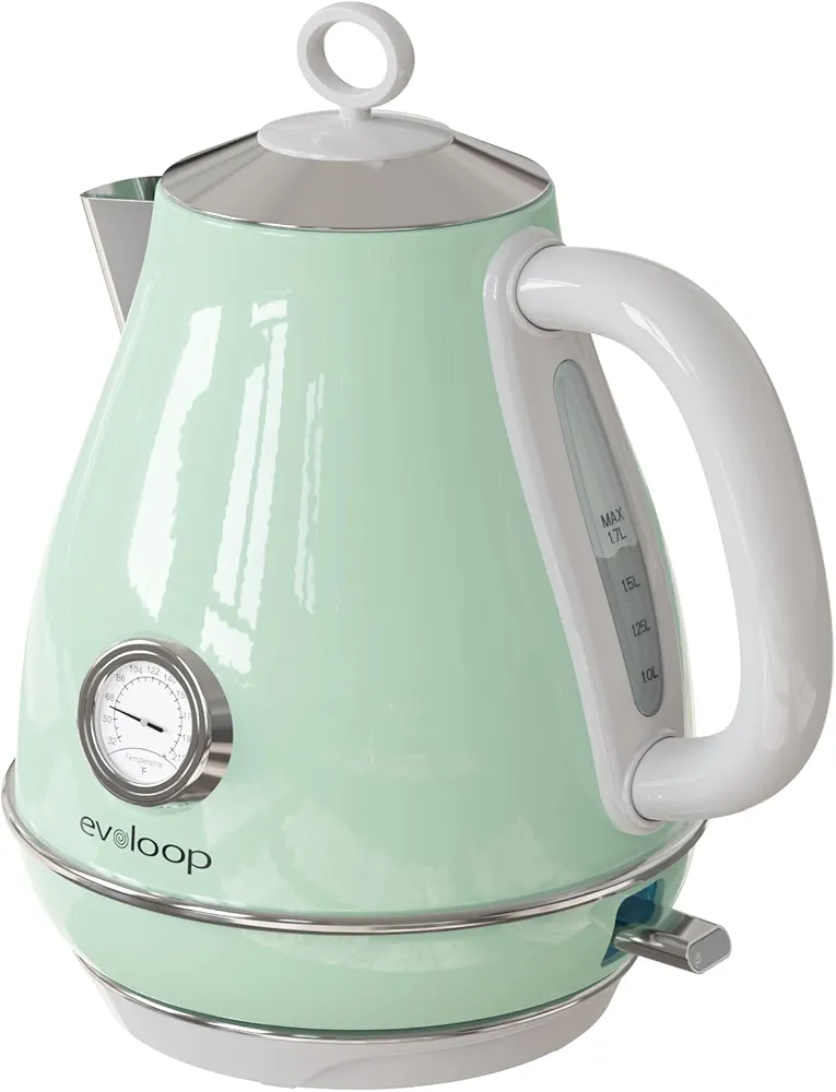 Electric Tea Kettle, 1500W /1.7 Liter Hot Water Boiler Heater Pot, Retro Electric Kettle with Thermometer, Auto Shut-Off & Boil-Dry Protection, BPA Free,Stainless Steel Teapot