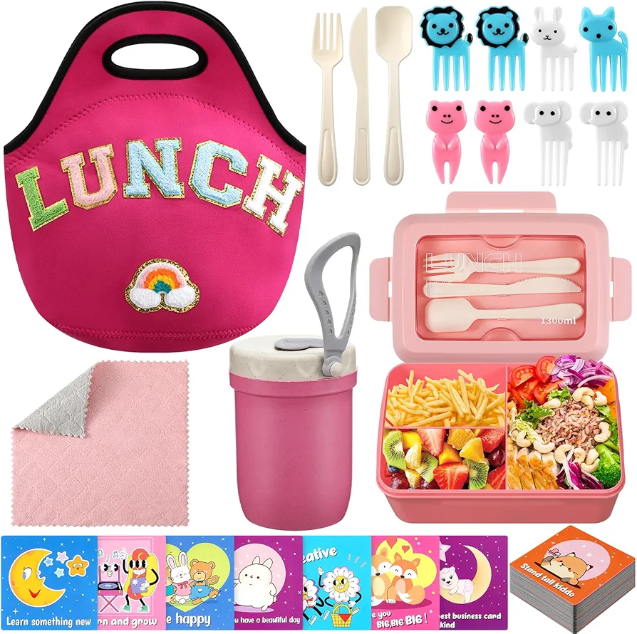 Dingion 72 Pieces Preppy Bento Box Lunch Box Kit Large Pink Insulated Lunch Bag 3 Layer Stackable Leakproof Lunch Box Containers with Cup,Lunch Bag,Spoon,Fork,60 Pieces Lunch Box Notes for Girl