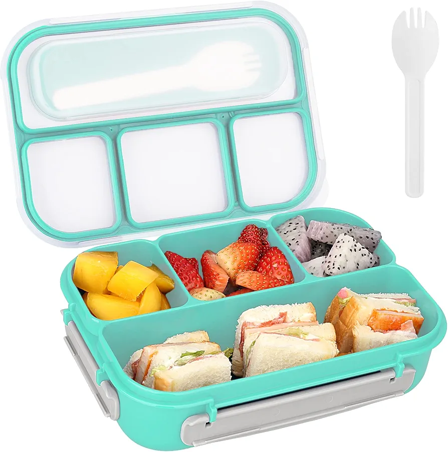 Bento Boxes for Adults 1300ML Bento Lunch Box,4 Compartments Snack Containers With Spoon & Fork,Microwave & Dishwasher & Freezer Safe, BPA Free (Green)