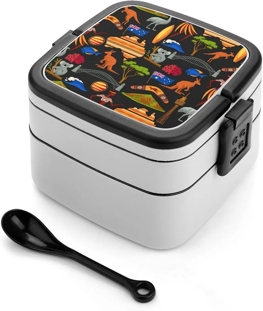 Australian Kangaroo and Koala Bear Bento Box with Spoon 2 Layer Food Container Cute Lunch Box for Travel Dining Out Work
