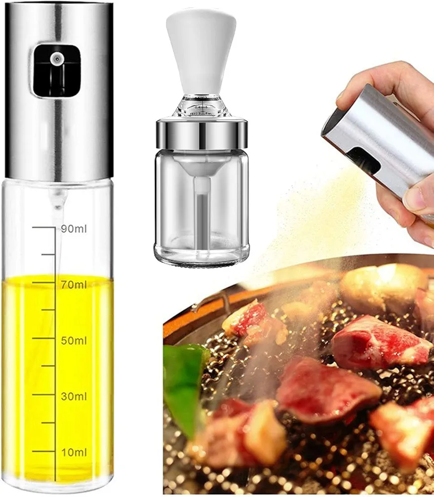 Oil Dispenser with Brush & Oil Sprayer for Cooking, 2 in 1 Oil Dispenser Bottle with Silicone Brush,Olive Oil Spray Bottle for Kitchen Cooking, BBQ Grill Frying Baking