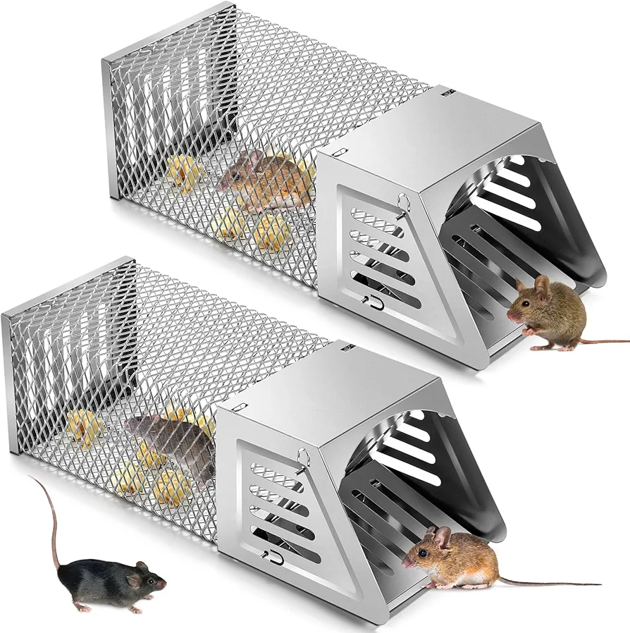 Qualirey 2 Pack Large Humane Rat Trap 11 Inches Combined Automatic Continuous Rat Trap Cage Reusable Rat Traps Indoor for Home Rat Traps Catch and Release Outdoor Mouse Single Door Metal Rat Trap