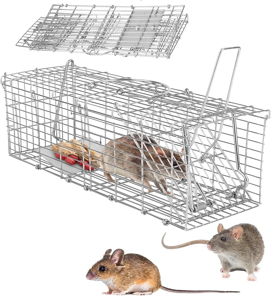 Humane Rat Trap Foldable Live Animal Trap Humane Foldable Rat Trap Cage W/Detachable L Shaped Rod Squirrel Trap Galvanized Iron Mice Mouse Cage/Small Groundhog Control Bait Catch