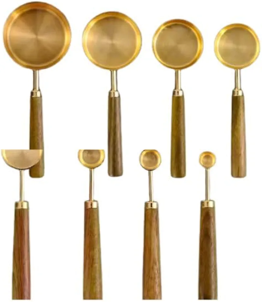 Measuring Spoons Set, 6 Pieces with Wooden Handles, Rose Gold, for Cooking, Baking, PastryMelt butter on stove, wooden handle protects your hand!, large, Copper/Brown