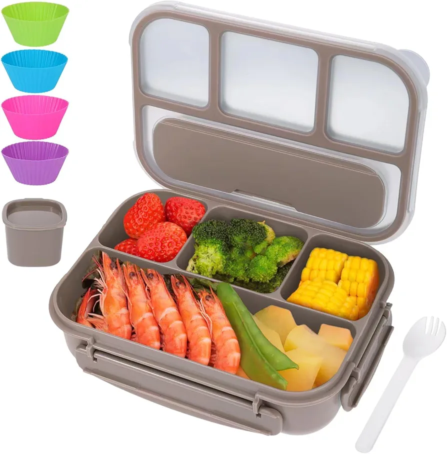 Vensp Lunch Box for Kids Girls Boys,Adult Bento Box with 4 Compartments,Woman Lunch Box Containers for Work with Utensils,Sauce Jar, Muffin Liners,Microwave & Dishwasher Safe(Brown)