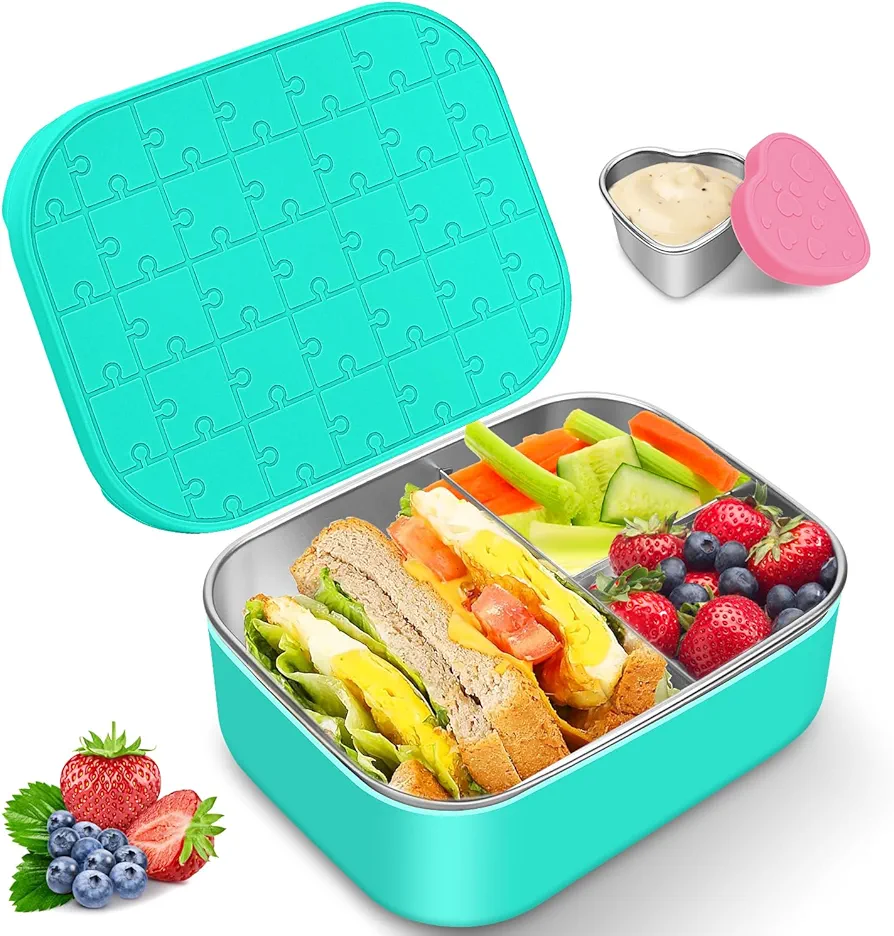 Small Stainless Steel Bento Lunch Box - Reusable Divided Metal Snack Bento Box 3-Compartment Food Meal Prep Storage Lunch Containers Leakproof with Dip Container,Dishwasher,Freezer Safe, BPA-Free