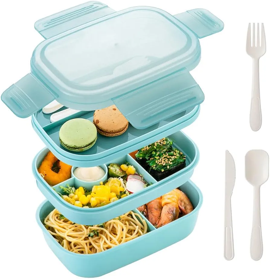 Stackable Bento Box Lunch Box,3 Layers Stackable Bento Lunch Containers for Adults & Kids, Built-in Utensil Set,Leak-Proof Bento Lunch Box for Dining Out, Work, Light Blue