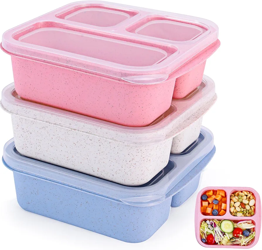 Bento Box [Portion Size], 3 Pack Snack Containers with 3 Compartments for Meal Prep & Lunch On-the-Go [School, Work, Trip], Lunchable Container Reusable & BPA-Free