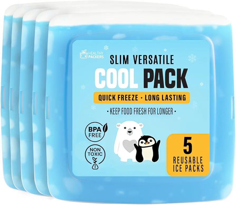 Healthy Packers Ice Pack for Lunch Box - 5 Ice Packs - Original Slim & Long-Lasting Freezer Packs for your Lunch or Cooler Bag