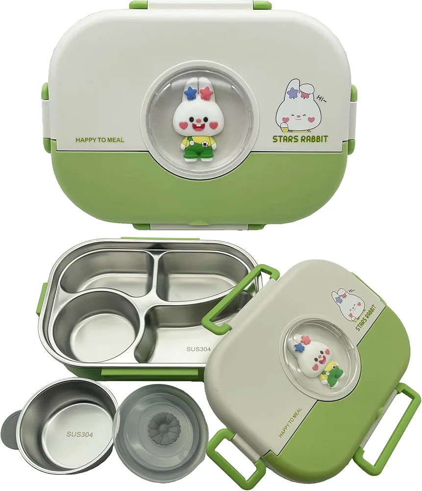 Stainless Steel Bento Box for Adults,Leakproof and BPA-Free, 1500ML Stainless Steel Lunch Box with 4 Compartments,1 Small Bowl,Stainless Steel Lunch Container for Travel,Office(green)