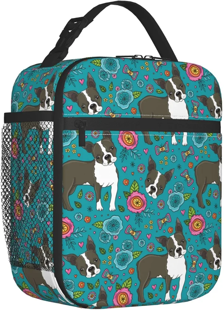 Boston Terrier And Flowers Portable Lunch Box Insulated Reusable Bento Box Lunch Bag Tote For Men Women