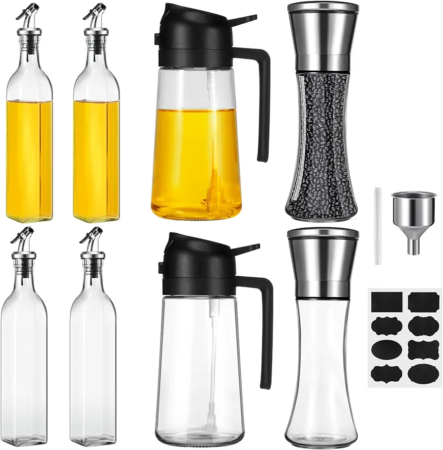 4 Pcs Olive Oil Dispenser Bottle, 2 Pcs 2 in 1 Olive Oil Dispenser and Oil Sprayer, 2 Pcs Salt Grinder with Funnel, Pen and Kitchen Label for Kitchen