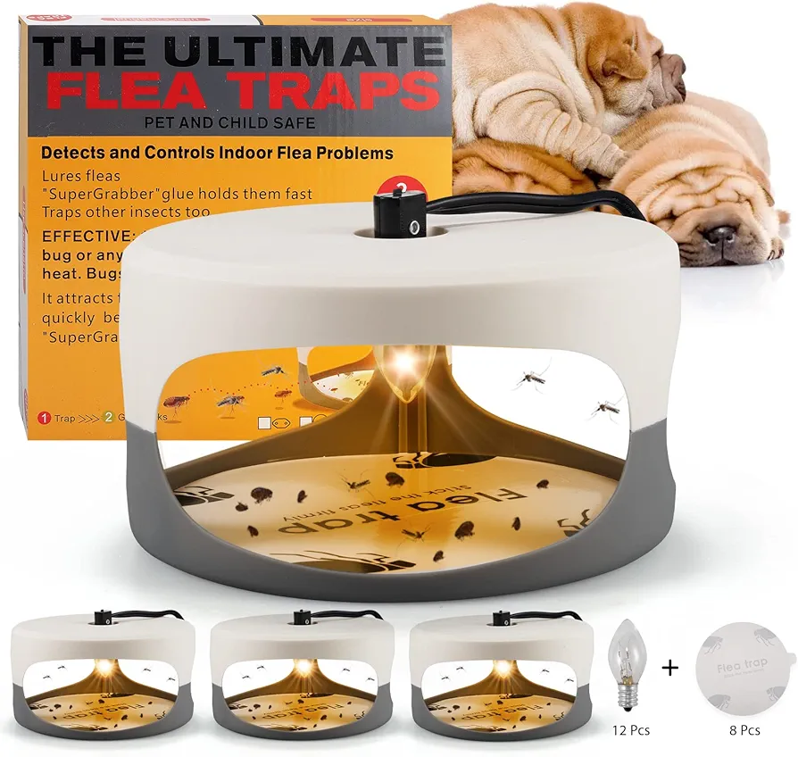 4 Pack Flea Traps for Inside Your Home with 8 Sticky Disc & 12 Bulbs & 4 Electric Wires, Flea Killer Indoor Bed Bug Trap Pest Control, Friendly to Pets & Kids