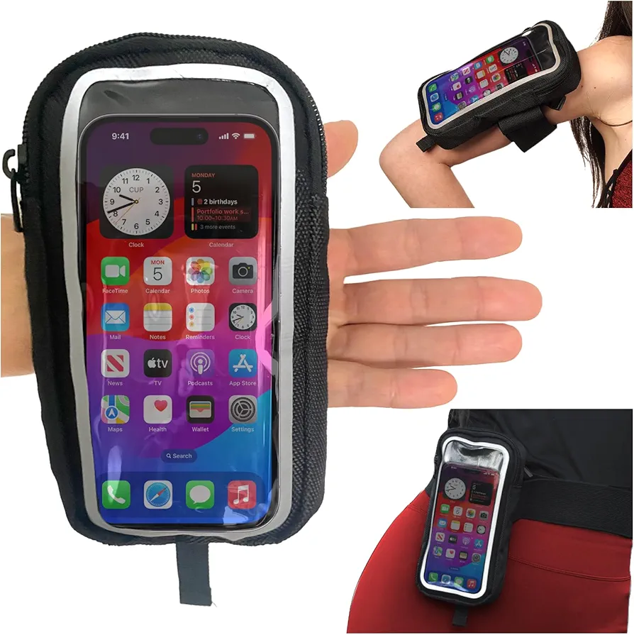 New Black 3-in-1 Essentials Carrier: Running Handheld Phone Holder, Hiking Pouch Belt Holster & Fitness Armband Case - W/Clear Window, Fits iPhones and Most Androids - Water Resistant, Adjustable!