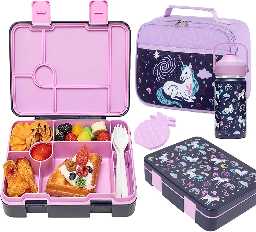 Bevalsa Bento Lunch Box for Kids with Insulated Water Bottle & Lunch Bag Set - 43oz Lunch Containers Lunchbox, 14oz Termos Kids Water Bottle, Lunch Bag & Ice Pack for School Girls Kids (Unicorn)