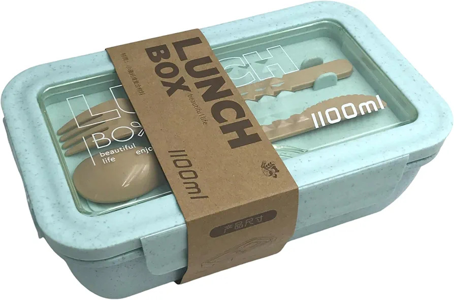 Lunch Box Bento Wheat Straw 2 Compartments, Eco-Friendly, Dishwasher & Microwave Safe, BPA-free, Air Tight, Leakproof, Compact & Portable (blue)