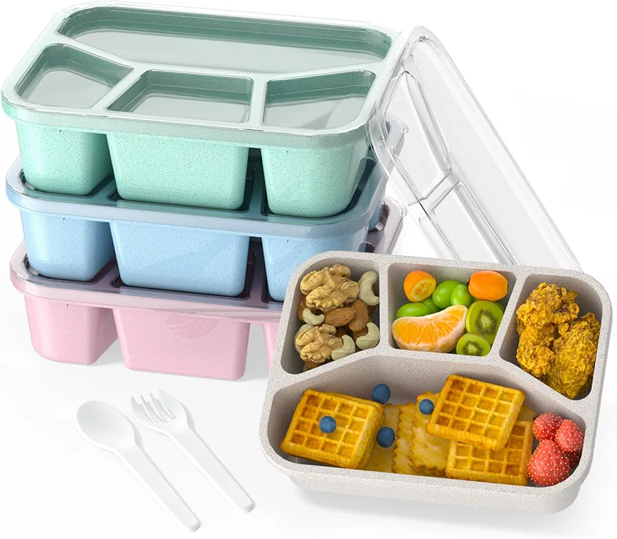 Bento Lunch Box and Snack Containers - 4 Compartments, Durable and Safe Lunch Containers for Adults Kids with Transparent Lid, Microwave Safe, BPA free - Set of 4 (Wheat (Green/Blue/Pink/Beige))