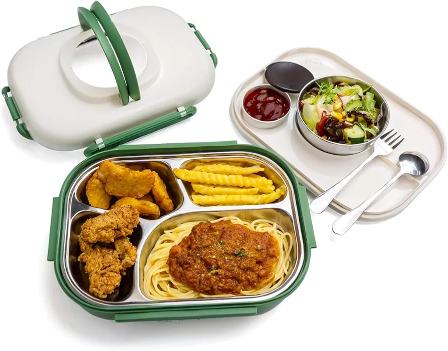 Stainless Steel Lunch Box with Soup Container - 4 Compartment Thermal Lunch Container with Utensils,Sauce Jar for Snacks, Salad, and Soup - Ideal for adult（1500ML） - Green
