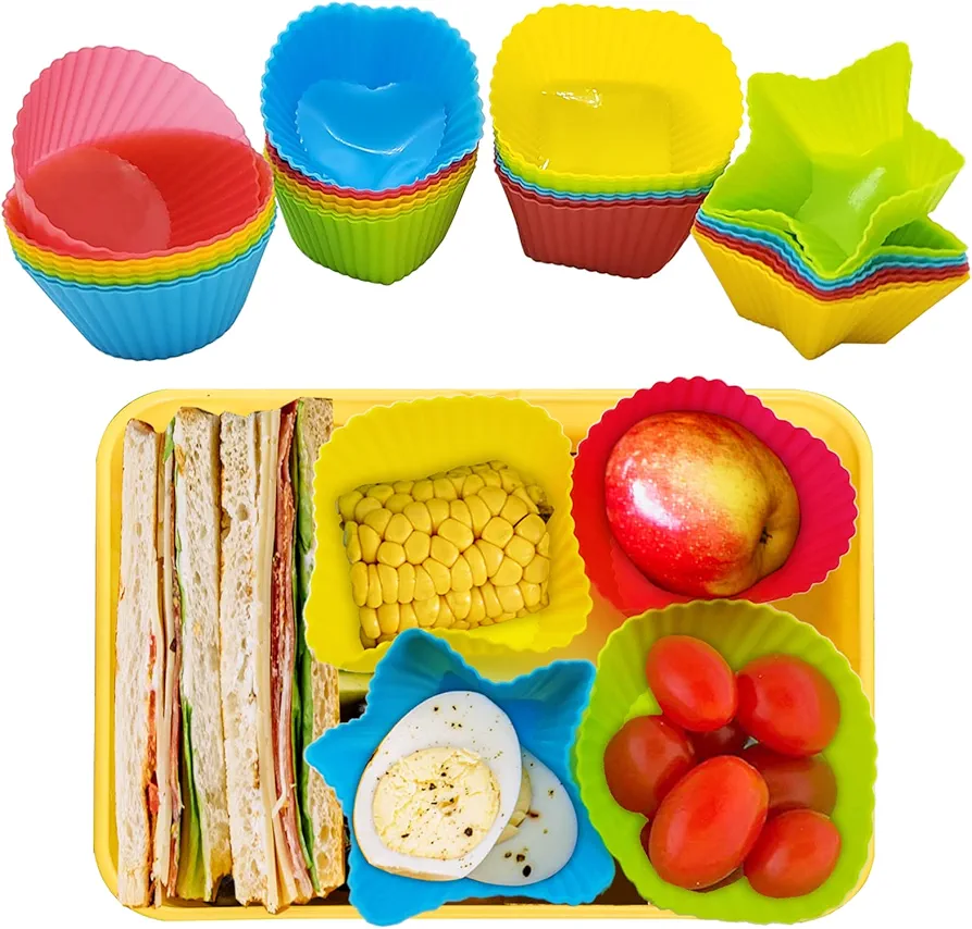 32Pcs Silicone Toddler Snack Containers, Reusable Lunch Box Dividers BPA-Free Silicone Cups Colorful Silicone Cupcake Molds, Cute Kids Bento Box Accessories for Food Separation & Portion Control