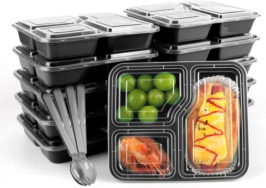 Meal Prep Containers Reusable 35oz, 20Pack with 20 Sporks, Black, Disposable Plastic Bento Boxes with 3 Compartments, Reusable Stackable Food Containers for SchooI, Work, Travel