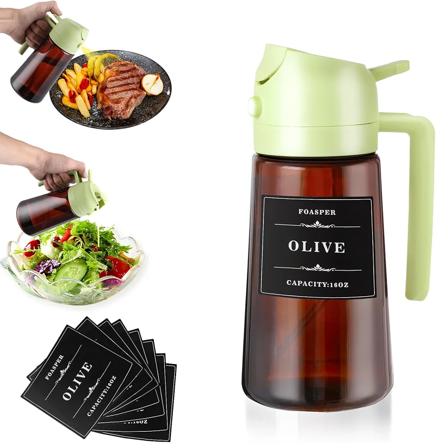 2 In 1 Olive Oil Dispenser for Kitchen, 16oz Oil Sprayer Bottle for Cooking, Glass Olive Oil Dispenser Bottle Spray and Pour, Air Fryer, Salad, BBQ, Upgraded Light Blocking Brown