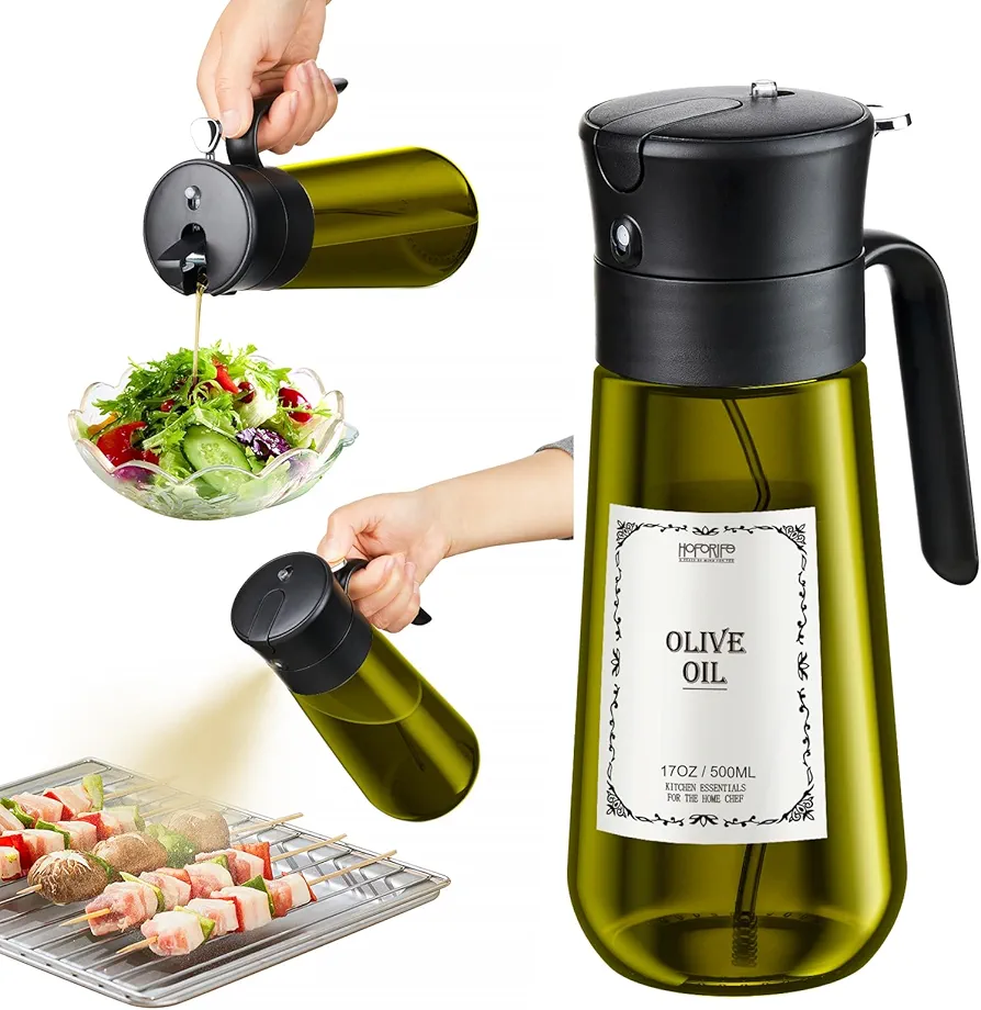 Glass Olive Oil Dispenser for Kitchen, 2 In 1 Oil Dispenser Bottle & Oil Sprayer for Cooking, Auto Flip Cap, 17oz Black (Light Blockage)