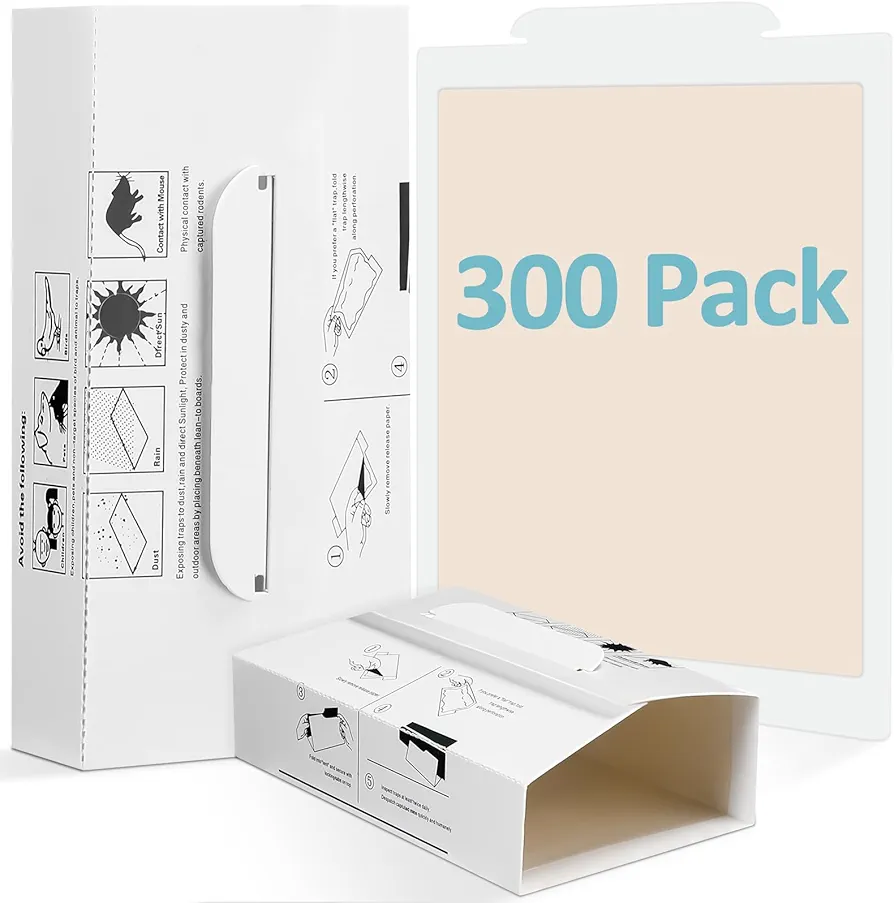 Qualirey Mouse and Insect Glue Boards Pest Glue Traps Bulk Large Mouse Rat Trap Sticky Adhesive for Mice Spider Moth Cockroaches Cricket House Indoor Outdoor Non Toxic (300 Pcs,10.63 x 5.31 Inch)