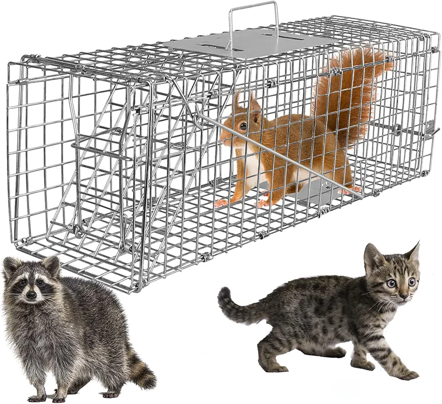 Live Animal Cage Trap, 23.3x7.2x7.7 Inches Humane Cat Trap for Stray Cats, Outdoor Heavy Duty Foldable Raccoon Traps, Humane Catch & Release Live Traps for Rabbits, Squirrels