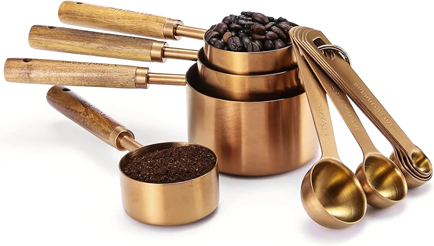 Malmo Measuring Cups and Spoons Set of10-piece with Wooden Handle Titanium-plating stainless steel, Rose Gold