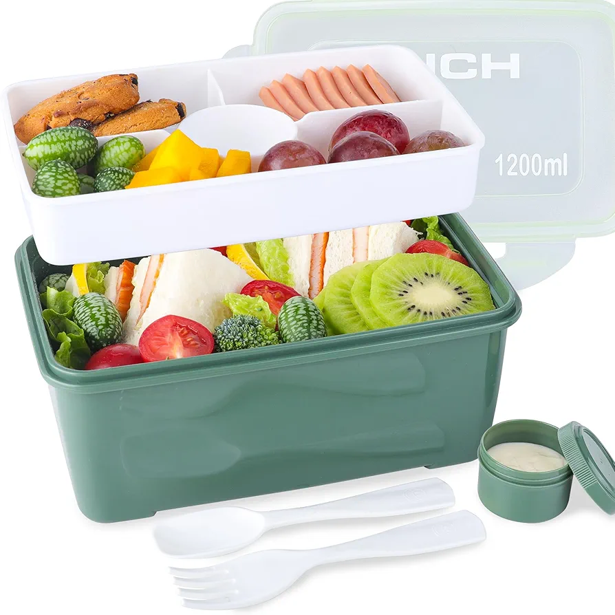 VMVN Bento Lunch Box for Adults,Salad Bowls Container To Go,41oz with Utensil Set Sauce Case, 5 Compartments for Snacks,Work,Gym(Green)