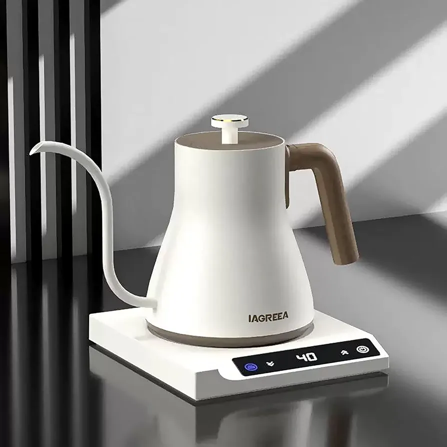 IAGREEA Electric Gooseneck Kettle 1000W Fast Heating, 360° Rotatable, Boil Dry Protection, for Tea, Coffee, Milk Powder with Matte White Design and Ergonomic Handle