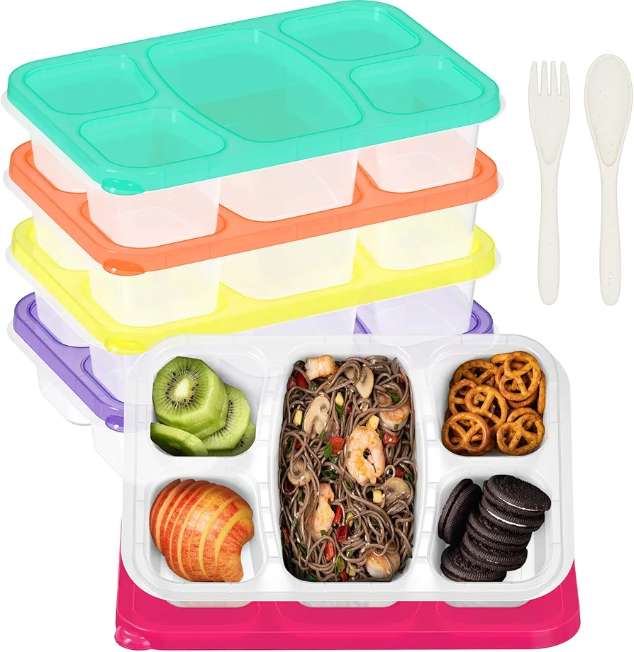 5 Pack Bento Box Adults Lunch Box, Bento Box for Kids, 5 Compartment Meal Prep Container Reusable, Food Storage Snack Containers, Stackable Lunch Container for School, Work, and Travel