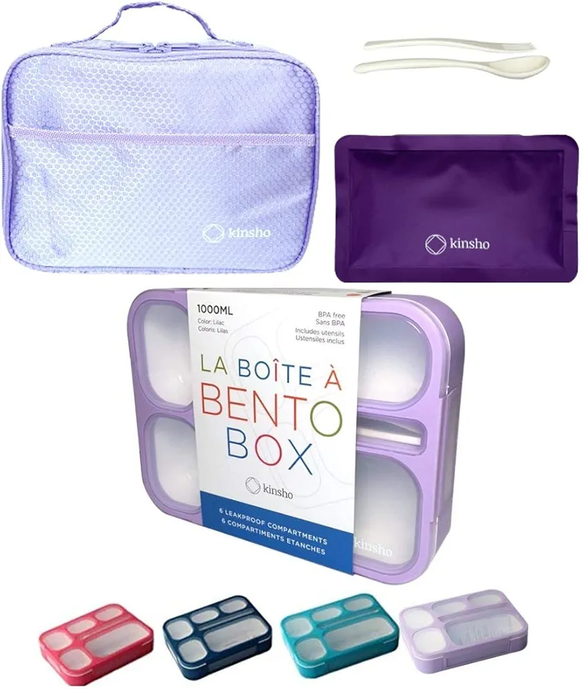 Bento Box with Bag and Ice Pack Set for Kids. Lunch Boxes Snack Containers for Boys Girls Adults. 6 Compartments, Leakproof Portion Container Boxes Insulated Bags for School Lunches, BPA Free, Lilac